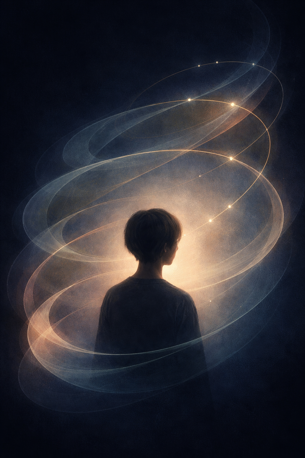 A figure surrounded by repeating rings of light that gather into a readable pattern.