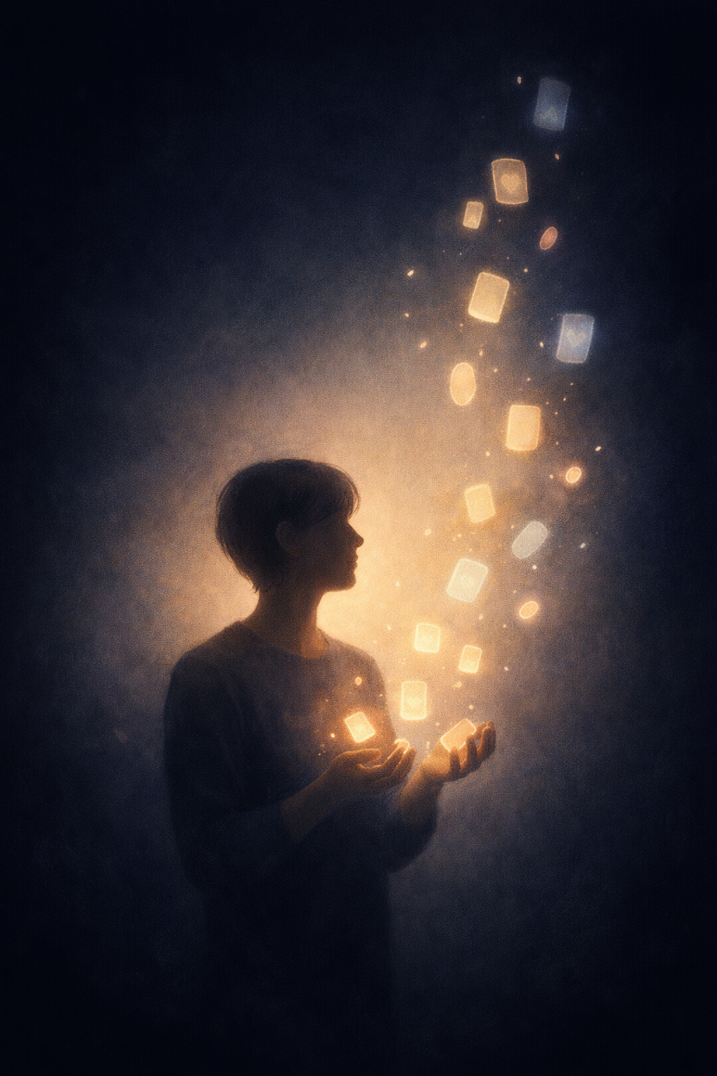A calm figure holding glowing relic-like shapes rising upward as markers of change.