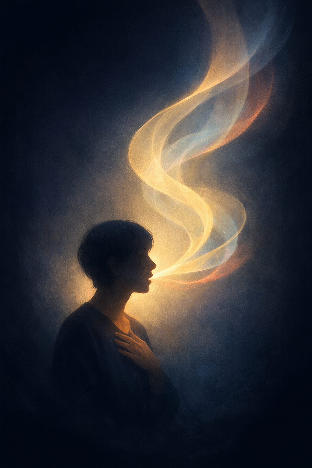 A softly lit person speaking into flowing ribbons of gold, blue, and coral light.